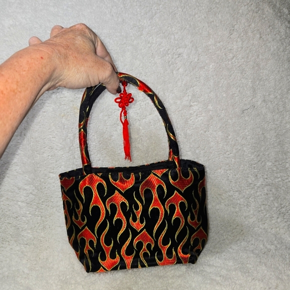 Cute Mini Bag w/ Black Red Gold Flames on Silk Brocade w/ Asian Symbol & snaps - Picture 6 of 11
